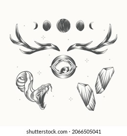Boho element collection. Ethnic modern mystic spiritual symbol. Magic, esoteric, tribal outline boho graphic design. Spiritual decoration. Sacred boho fabric fashion print decor. Vector illustration.