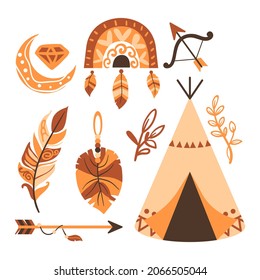 Boho element collection. Ethnic modern mystic spiritual symbol. Magic, esoteric, tribal outline boho graphic design. Spiritual decoration. Sacred boho fabric fashion print decor. Vector illustration.