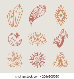 Boho element collection. Ethnic modern mystic spiritual symbol. Magic, esoteric, tribal outline boho graphic design. Spiritual decoration. Sacred boho fabric fashion print decor. Vector illustration.