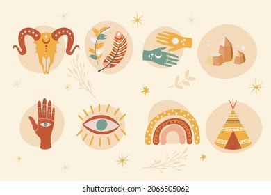 Boho element collection. Ethnic modern mystic spiritual symbol. Magic, esoteric, tribal outline boho graphic design. Spiritual decoration. Sacred boho fabric fashion print decor. Vector illustration.