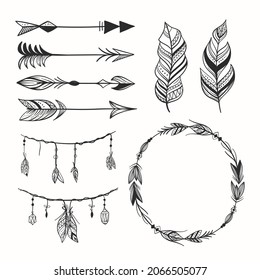 Boho element collection. Ethnic modern mystic spiritual symbol. Magic, esoteric, tribal outline boho graphic design. Spiritual decoration. Sacred boho fabric fashion print decor. Vector illustration.