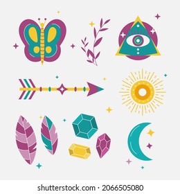 Boho element collection. Ethnic modern mystic spiritual symbol. Magic, esoteric, tribal outline boho graphic design. Spiritual decoration. Sacred boho fabric fashion print decor. Vector illustration.