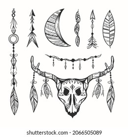 Boho element collection. Ethnic modern mystic spiritual symbol. Magic, esoteric, tribal outline boho graphic design. Spiritual decoration. Sacred boho fabric fashion print decor. Vector illustration.