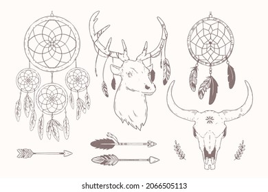 Boho element collection. Ethnic modern mystic spiritual symbol. Magic, esoteric, tribal outline boho graphic design. Spiritual decoration. Sacred boho fabric fashion print decor. Vector illustration.