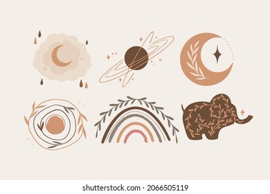 Boho element collection. Ethnic modern mystic spiritual symbol. Magic, esoteric, tribal outline boho graphic design. Spiritual decoration. Sacred boho fabric fashion print decor. Vector illustration.