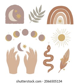 Boho element collection. Ethnic modern mystic spiritual symbol. Magic, esoteric, tribal outline boho graphic design. Spiritual decoration. Sacred boho fabric fashion print decor. Vector illustration.