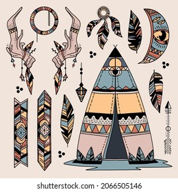 Boho element collection. Ethnic modern mystic spiritual symbol. Magic, esoteric, tribal outline boho graphic design. Spiritual decoration. Sacred boho fabric fashion print decor. Vector illustration.