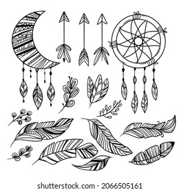 Boho element collection. Ethnic modern mystic spiritual symbol. Magic, esoteric, tribal outline boho graphic design. Spiritual decoration. Sacred boho fabric fashion print decor. Vector illustration.