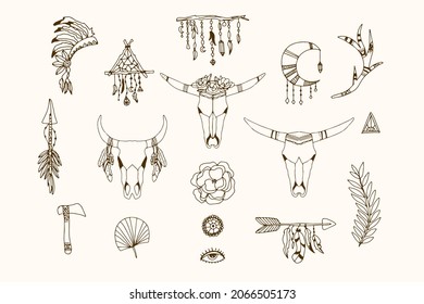 Boho element collection. Ethnic modern mystic spiritual symbol. Magic, esoteric, tribal outline boho graphic design. Spiritual decoration. Sacred boho fabric fashion print decor. Vector illustration.