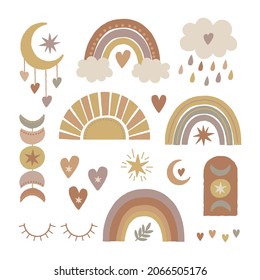 Boho element collection. Ethnic modern mystic spiritual symbol. Magic, esoteric, tribal outline boho graphic design. Spiritual decoration. Sacred boho fabric fashion print decor. Vector illustration.