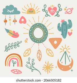 Boho element collection. Ethnic modern mystic spiritual symbol. Magic, esoteric, tribal outline boho graphic design. Spiritual decoration. Sacred boho fabric fashion print decor. Vector illustration.