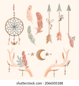 Boho element collection. Ethnic modern mystic spiritual symbol. Magic, esoteric, tribal outline boho graphic design. Spiritual decoration. Sacred boho fabric fashion print decor. Vector illustration.