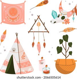 Boho element collection. Ethnic modern mystic spiritual symbol. Magic, esoteric, tribal outline boho graphic design. Spiritual decoration. Sacred boho fabric fashion print decor. Vector illustration.