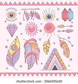 Boho element collection. Ethnic modern mystic spiritual symbol. Magic, esoteric, tribal outline boho graphic design. Spiritual decoration. Sacred boho fabric fashion print decor. Vector illustration.