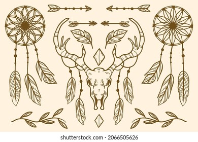 Boho element collection. Ethnic modern mystic spiritual symbol. Magic, esoteric, tribal outline boho graphic design. Spiritual decoration. Sacred boho fabric fashion print decor. Vector illustration.