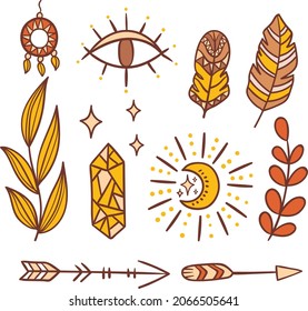 Boho element collection. Ethnic modern mystic spiritual symbol. Magic, esoteric, tribal outline boho graphic design. Spiritual decoration. Sacred boho fabric fashion print decor. Vector illustration.