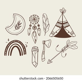 Boho element collection. Ethnic modern mystic spiritual symbol. Magic, esoteric, tribal outline boho graphic design. Spiritual decoration. Sacred boho fabric fashion print decor. Vector illustration.