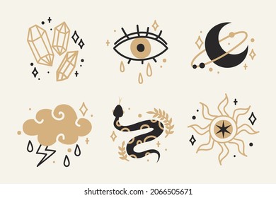 Boho element collection. Ethnic modern mystic spiritual symbol. Magic, esoteric, tribal outline boho graphic design. Spiritual decoration. Sacred boho fabric fashion print decor. Vector illustration.