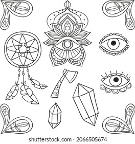 Boho element collection. Ethnic modern mystic spiritual symbol. Magic, esoteric, tribal outline boho graphic design. Spiritual decoration. Sacred boho fabric fashion print decor. Vector illustration.