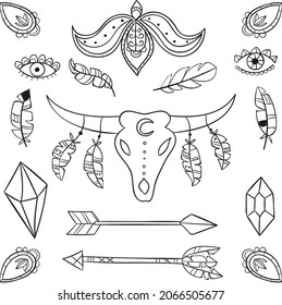 Boho element collection. Ethnic modern mystic spiritual symbol. Magic, esoteric, tribal outline boho graphic design. Spiritual decoration. Sacred boho fabric fashion print decor. Vector illustration.