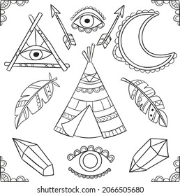 Boho element collection. Ethnic modern mystic spiritual symbol. Magic, esoteric, tribal outline boho graphic design. Spiritual decoration. Sacred boho fabric fashion print decor. Vector illustration.