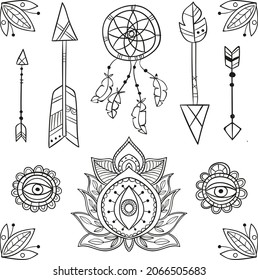Boho element collection. Ethnic modern mystic spiritual symbol. Magic, esoteric, tribal outline boho graphic design. Spiritual decoration. Sacred boho fabric fashion print decor. Vector illustration.