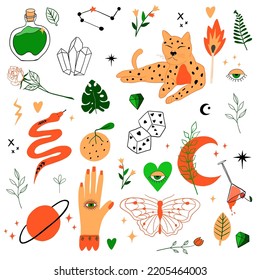 Colección de elementos Boho. Artículos místicos vectoriales - gato, mariposa, serpiente, mano, planeta, luna y estrella, poción, cristal. Ilustraciones mágicas. Colección de diseño de vectores para tatuajes, textiles, tarjetas