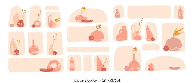Boho element collection. Set of prints with minimalist aesthetic modern boho wall decor. Amphorae in arches in mystical, antique Greek style isolated on white in mid century style. 