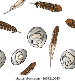 Boho elements, sea pebble and feathers seamless pattern. Vector wallpaper. Cozy lagom style template background tile