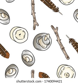 Boho elements, sea pebble, rustic sticks, candles and feathers seamless pattern. Vector wallpaper. Cozy lagom style template background tile