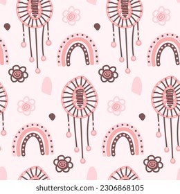 Boho elements. Seamless pattern. Celestial concept. Mystical contemporary art with celestial geometry shapes. For fabrics, textiles, and ect. Vector.