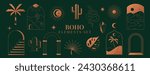 Boho elements set. Bohemian mystic line cactus, sun, moon, crystal, palm, stairs, desert landscape and arch frames design. Simple linear arch magic esoteric symbols, astrology icons on dark background