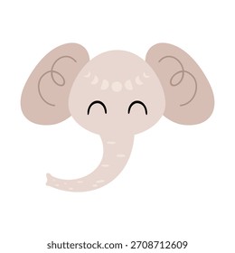 Boho elephant face illustration. Cute jungle, safari, tropical animal character for children design. Vector graphic.