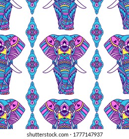 Boho elephant pattern. Vector illustration. Floral design, hand drawn map with Elephant ornamental.Tribal, India, hippie, Bohemian styles.