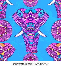 Boho elephant pattern. Vector illustration. Floral design, hand drawn map with Elephant ornamental.Tribal, India, hippie, Bohemian styles.