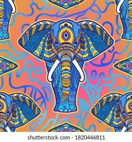 Boho elephant pattern. Vector illustration. Floral design, hand drawn map with Elephant ornamental.Tribal, India, hippie, Bohemian styles.