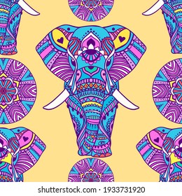 Boho elephant pattern. Vector illustration. Floral design, hand drawn map with Elephant ornamental.Tribal, India, hippie, Bohemian styles.