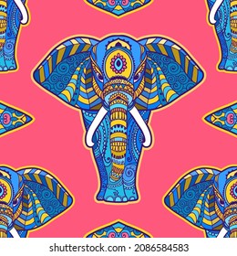 Boho elephant pattern. Vector illustration. Floral design, hand drawn map with Elephant ornamental.Tribal, India, hippie, Bohemian styles.