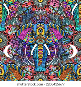 Boho elephant pattern. Vector illustration. Floral design, hand drawn map with Elephant ornamental.Tribal, India, hippie, Bohemian styles.