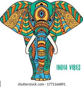 Boho Elephant. Vector Illustration. Floral Design, Hand Drawn Map With Elephant Ornamental.Tribal,India,  Bohemian Style.