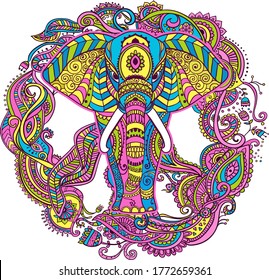 Boho elephant. Vector illustration. Floral design, hand drawn map with Elephant ornamental.Tribal,India, Hippie- Bohemian style.