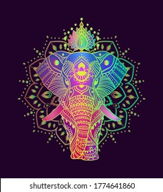 Boho elephant. Vector illustration. Floral design, hand drawn map with Elephant ornamental.Tribal, India, hippie, Bohemian styles. Psychedelic colors