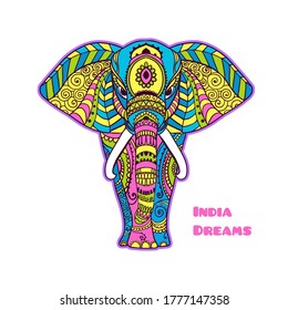Boho elefante. Ilustración vectorial. Diseño floral, mapa dibujado a mano con elefante ornamental. Tribal, India, estilo bohemio.