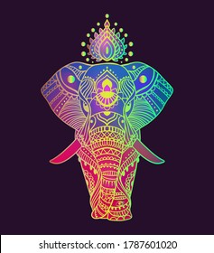 Boho elephant. Vector illustration. Floral design, hand drawn map with Elephant ornamental.Tribal, India, hippie, Bohemian styles. Psychedelic colors