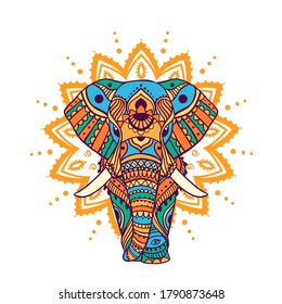 Boho elephant. Vector illustration. Floral design, hand drawn map with Elephant ornamental.Tribal, India, hippie, Bohemian styles.