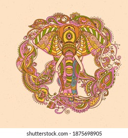 Boho elephant. Vector illustration. Floral design, hand drawn map with Elephant ornamental.Tribal,India, Hippie- Bohemian style.