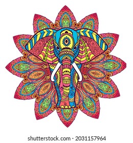 Boho elephant. Vector illustration. Floral design, hand drawn map with Elephant ornamental.Tribal, India, hippie, Bohemian styles.