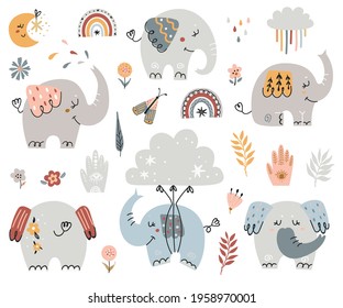 Boho elephants Collection. Vector illustration for design of planners, notebooks and more