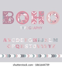 Boho english alphabet. Ethnic elements for vector design. Hand drawn letters for for banners, card, poster, flyer and party invitations