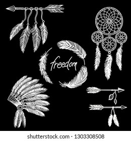 Boho ethnic illustration with dream catchers, feathers, arrows and indian hat with feathers.